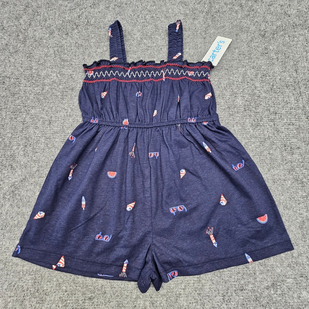 Carter's Romper Toddler 2T Summer Icons Navy Blue Smocked Cotton‎ Jumpsuit